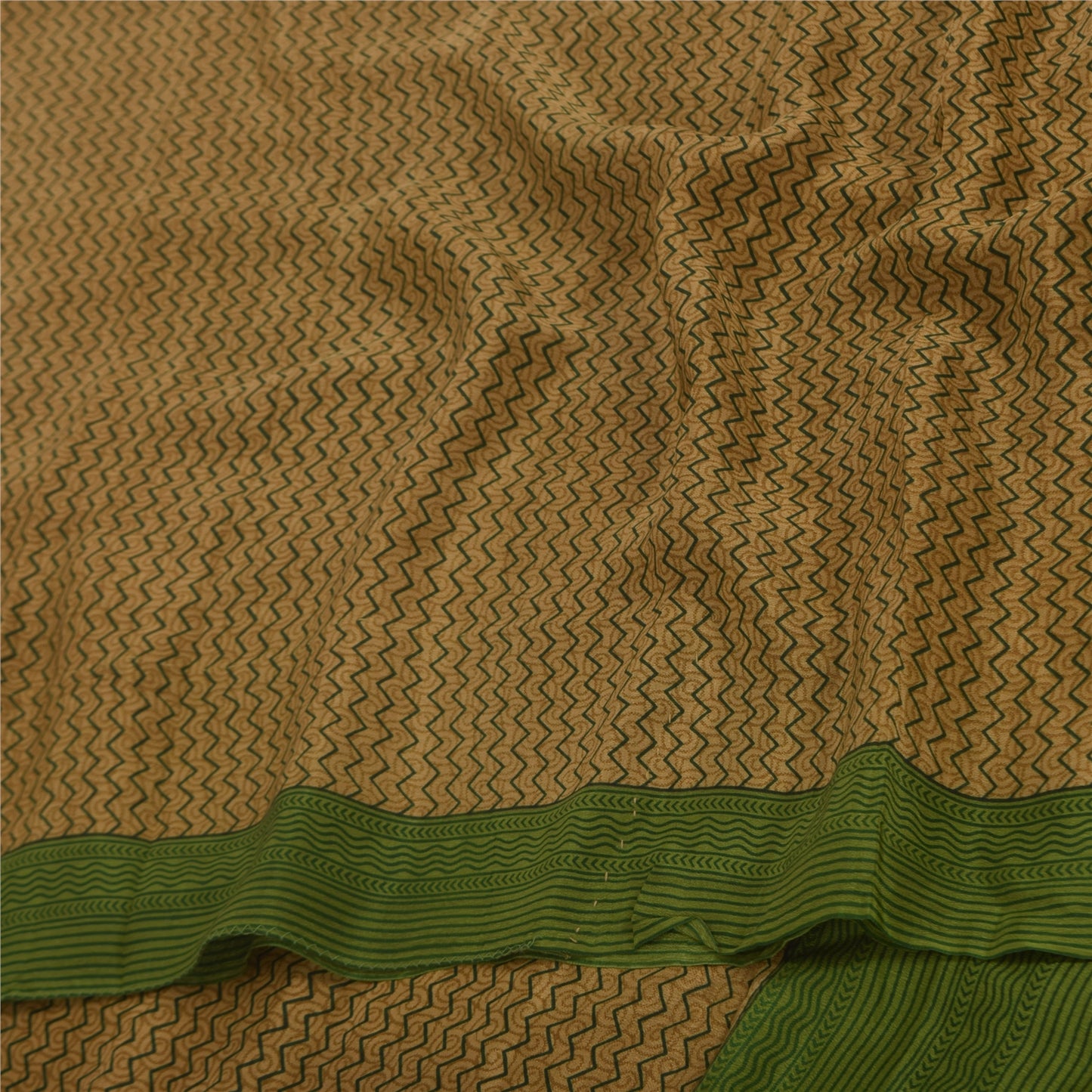 Sanskriti Vintage Sarees Brown/Green Pure Crepe Printed Sari 5+yd Craft Sustainable Fabric