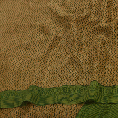 Sanskriti Vintage Sarees Brown/Green Pure Crepe Printed Sari 5+yd Craft Sustainable Fabric