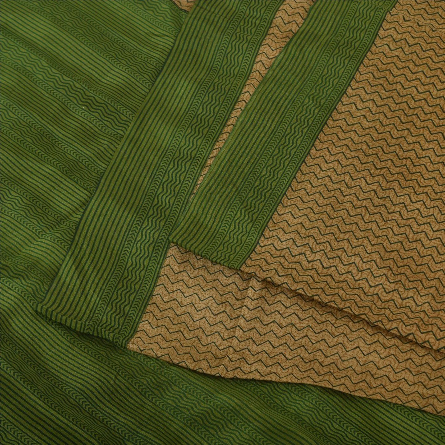 Sanskriti Vintage Sarees Brown/Green Pure Crepe Printed Sari 5+yd Craft Sustainable Fabric
