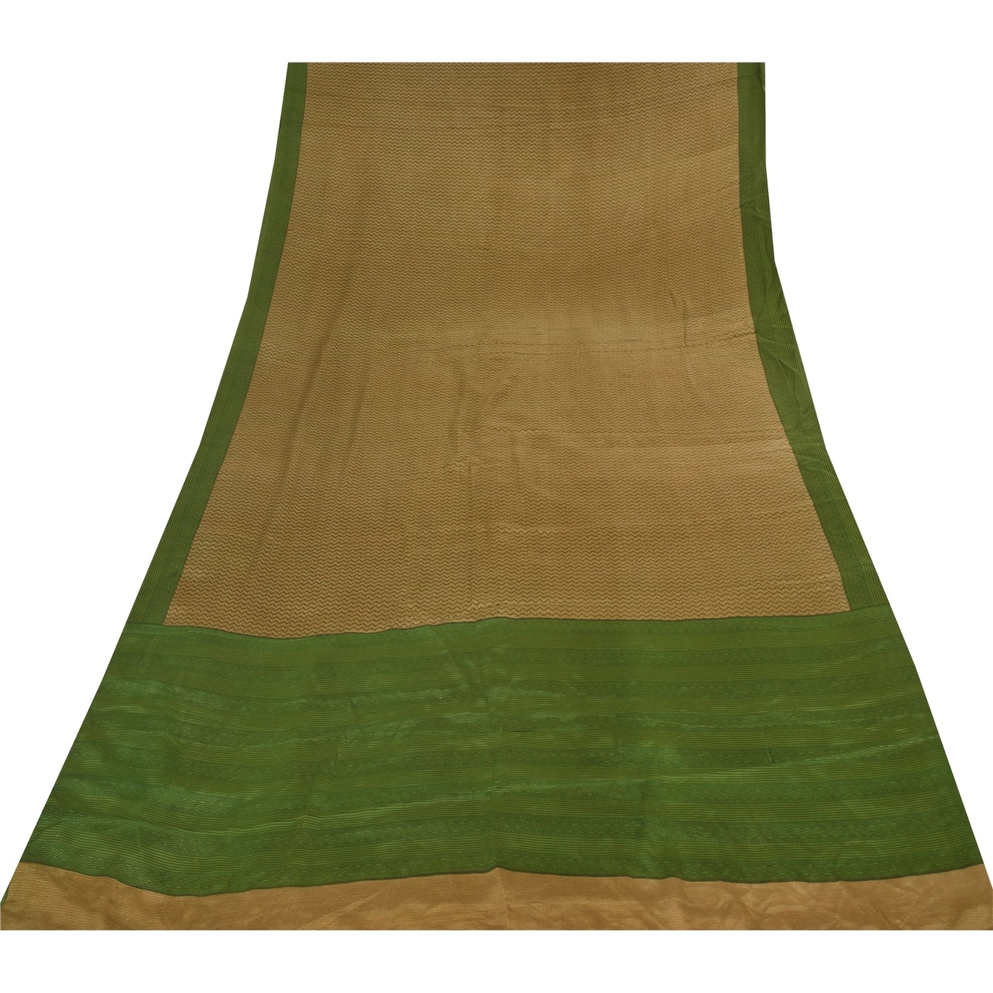Sanskriti Vintage Sarees Brown/Green Pure Crepe Printed Sari 5+yd Craft Sustainable Fabric