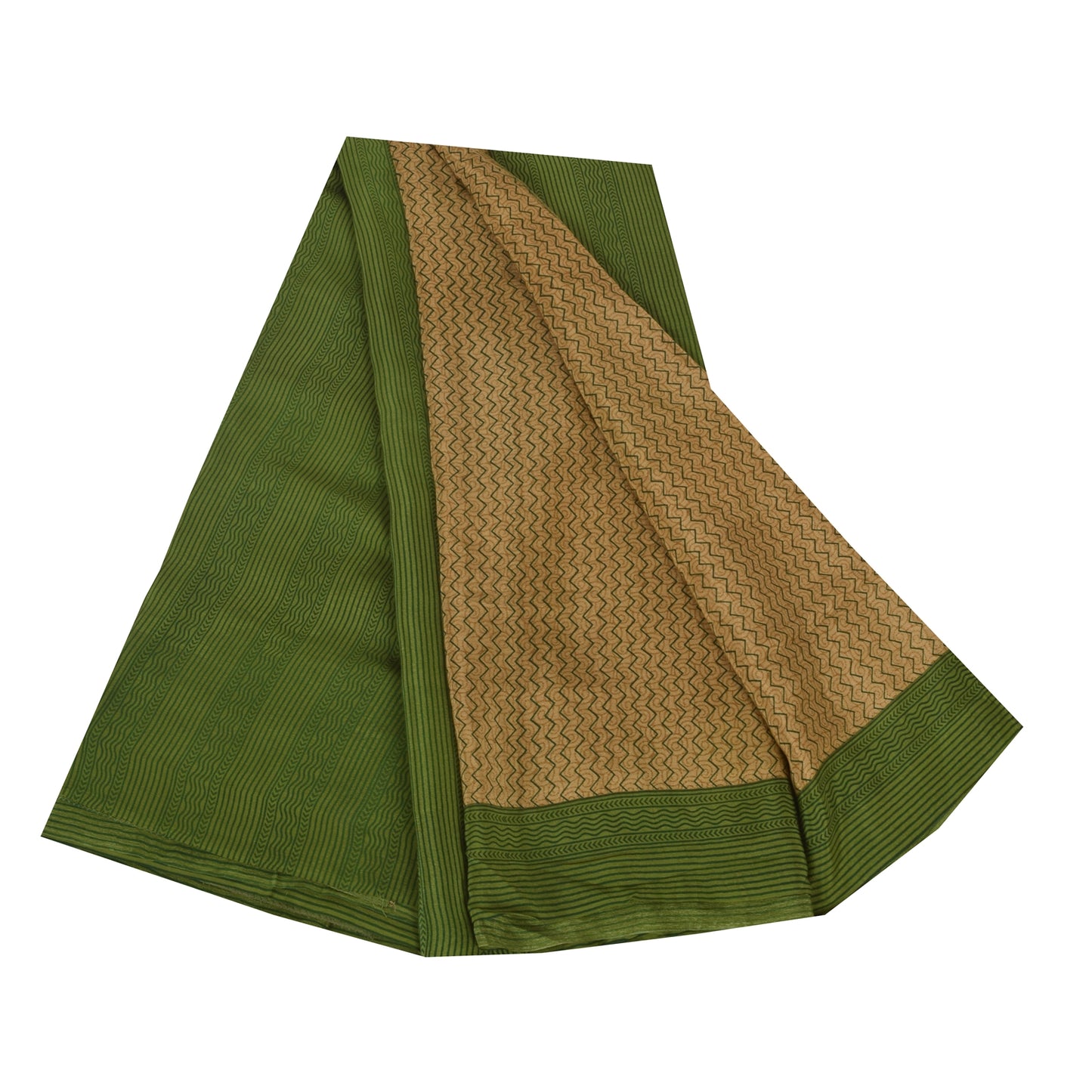 Sanskriti Vintage Sarees Brown/Green Pure Crepe Printed Sari 5+yd Craft Sustainable Fabric