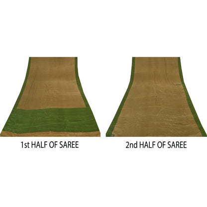 Sanskriti Vintage Sarees Brown/Green Pure Crepe Printed Sari 5+yd Craft Sustainable Fabric