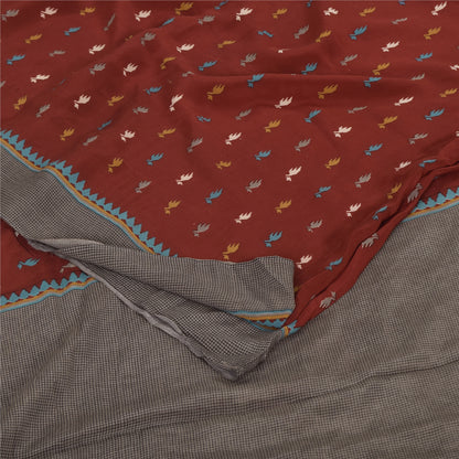 Sanskriti Vintage Sarier Mørkerød Ren Crepe Silke Trykt Sari 5+ yard Håndværk Bæredygtigt Stoff