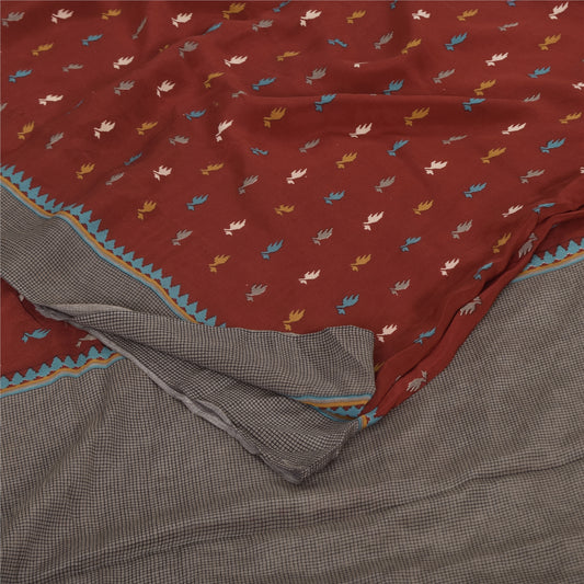 Sanskriti Vintage Sarees Dark Red Pure Crepe Silk Printed Sari 5+yd Craft Sustainable Fabric