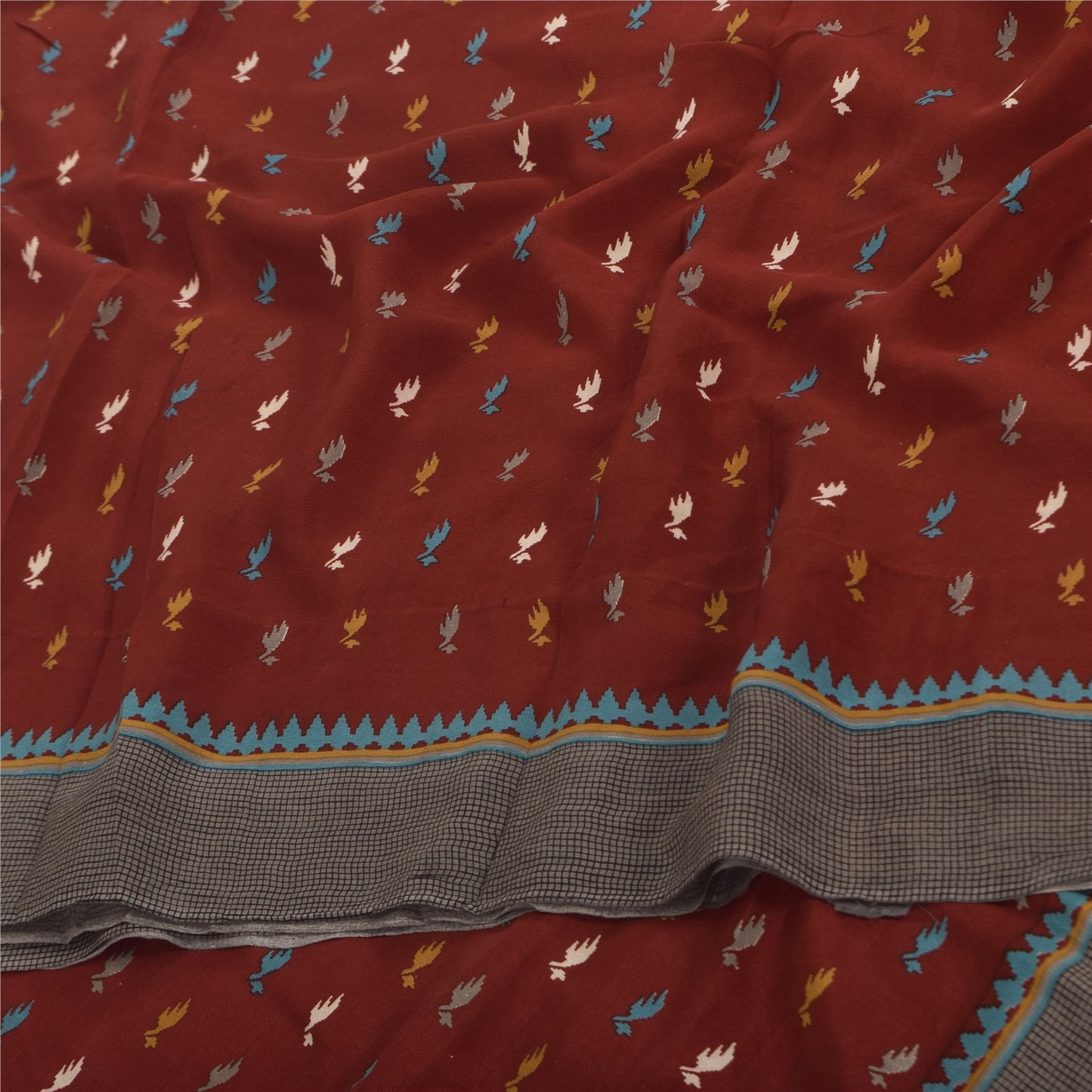 Sanskriti Vintage Sarier Mørkerød Ren Crepe Silke Trykt Sari 5+ yard Håndværk Bæredygtigt Stoff