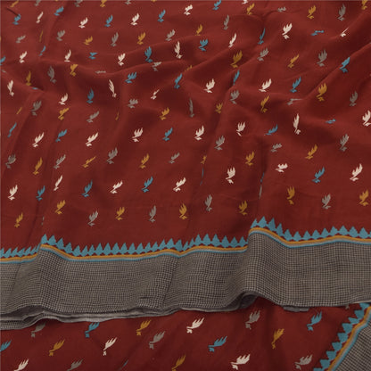 Sanskriti Vintage Sarier Mørkerød Ren Crepe Silke Trykt Sari 5+ yard Håndværk Bæredygtigt Stoff