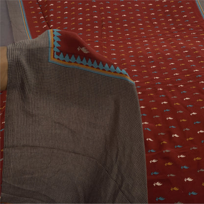 Sanskriti Vintage Sarier Mørkerød Ren Crepe Silke Trykt Sari 5+ yard Håndværk Bæredygtigt Stoff