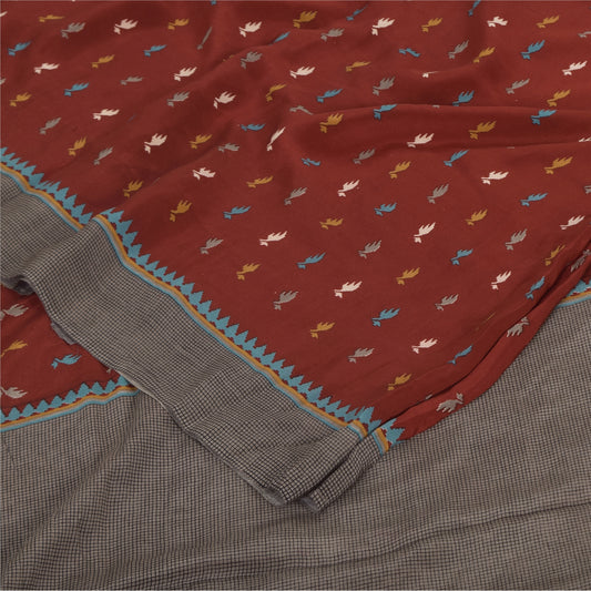 Sanskriti Vintage Sarees Dark Red Pure Crepe Silk Printed Sari 5+yd Craft Sustainable Fabric