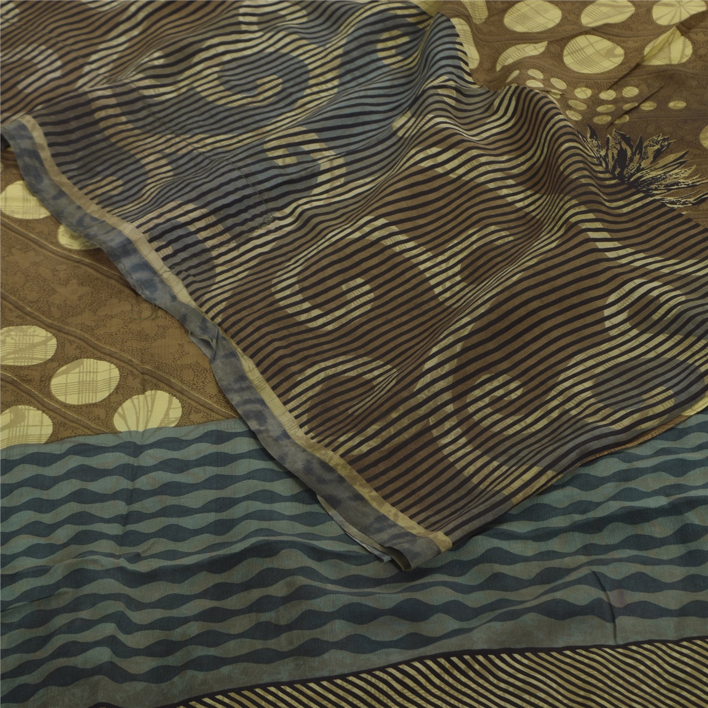 Sanskriti Vintage Sarees Green Pure Crepe Silk Printed Sari 5+yd Craft Sustainable Fabric