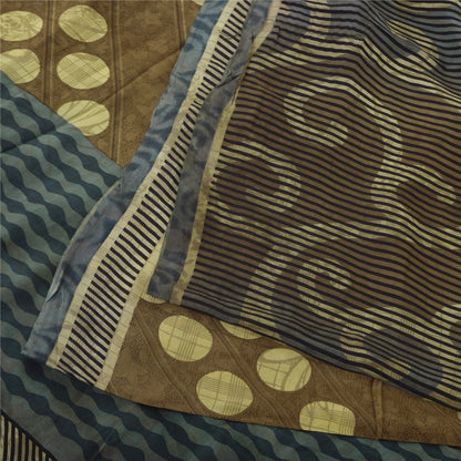 Sanskriti Vintage Sarees Green Pure Crepe Silk Printed Sari 5+yd Craft Sustainable Fabric