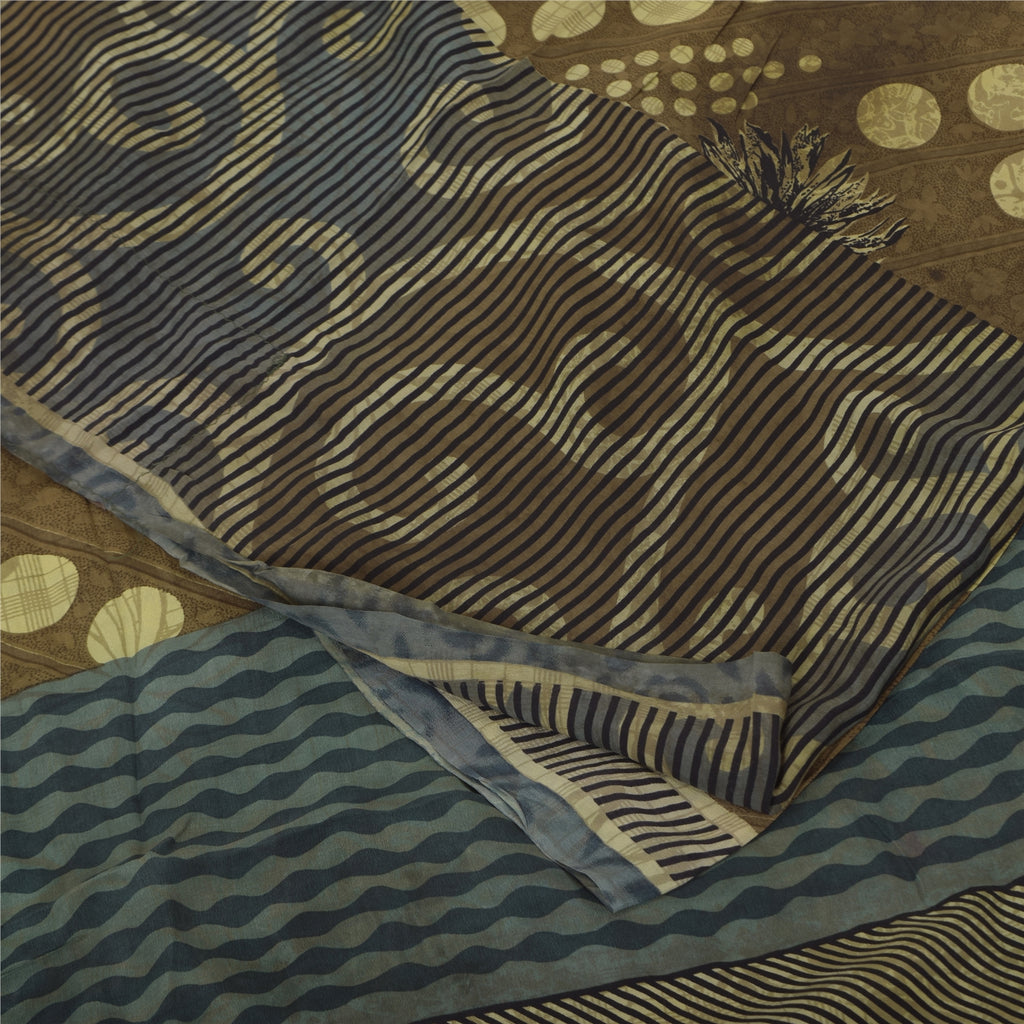 Sanskriti Vintage Sarees Green Pure Crepe Silk Printed Sari 5+yd Craft Sustainable Fabric