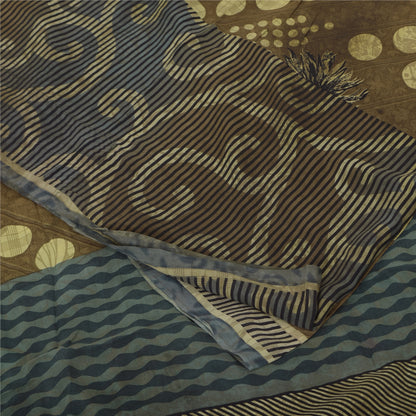 Sanskriti Vintage Sarees Green Pure Crepe Silk Printed Sari 5+yd Craft Sustainable Fabric