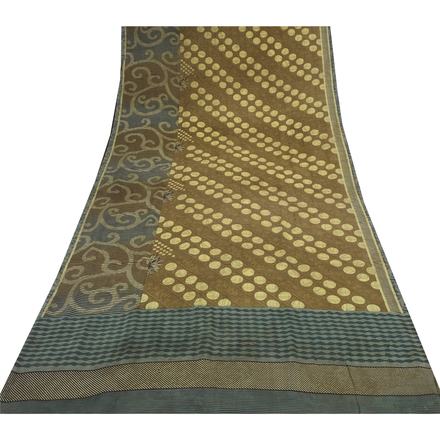 Sanskriti Vintage Sarees Green Pure Crepe Silk Printed Sari 5+yd Craft Sustainable Fabric