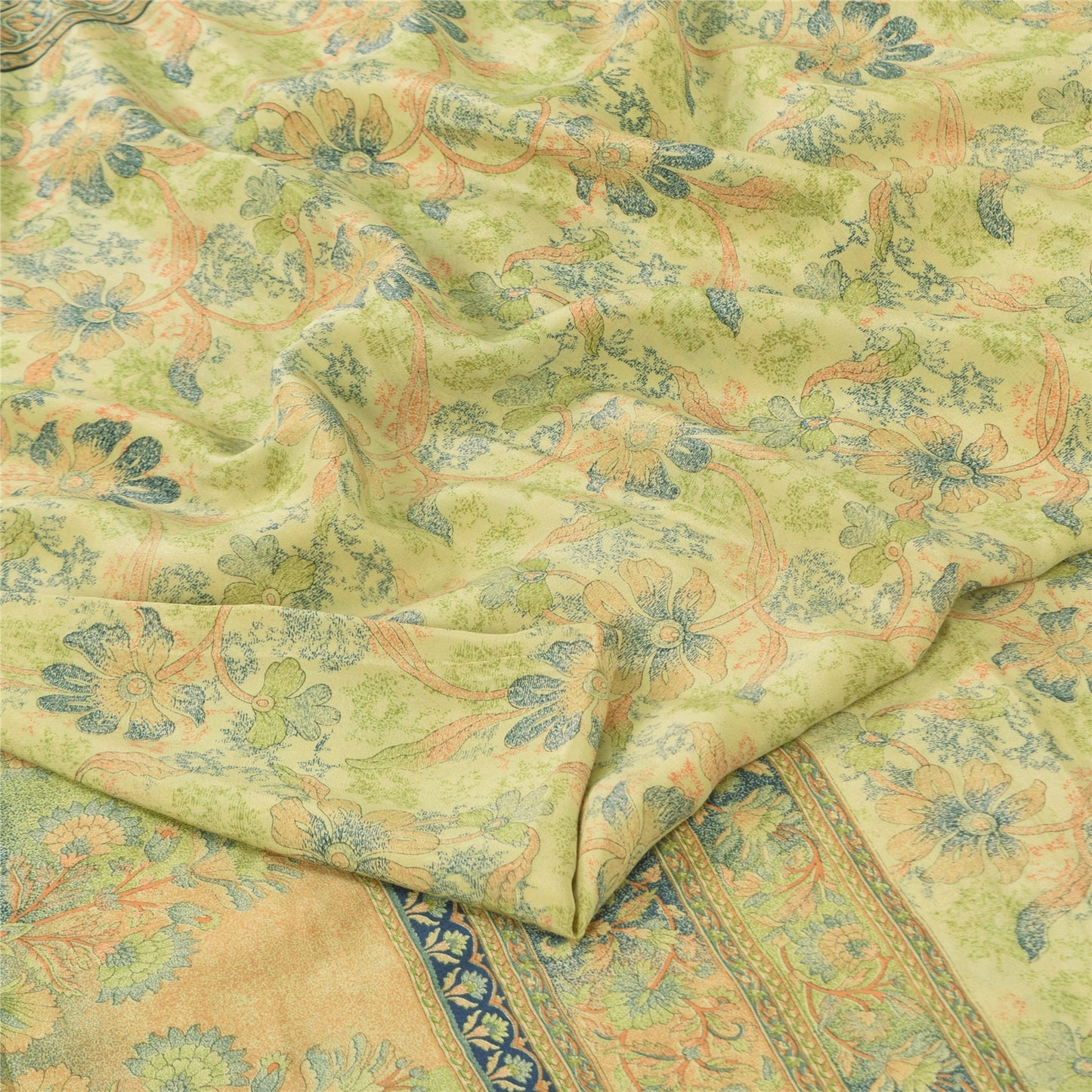 Sanskriti Vintage Sarees Light Green Pure Crepe Printed Sari 5+yd Craft Sustainable Fabric