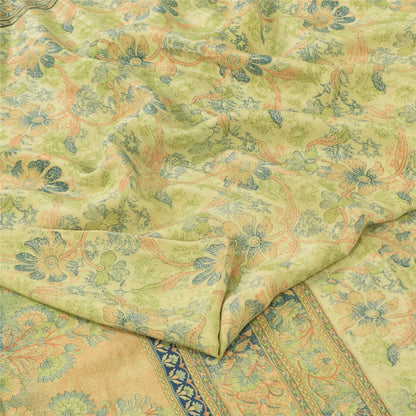 Sanskriti Vintage Sarees Light Green Pure Crepe Printed Sari 5+yd Craft Sustainable Fabric