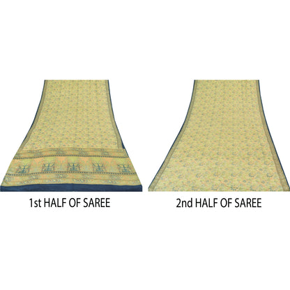 Sanskriti Vintage Sarees Light Green Pure Crepe Printed Sari 5+yd Craft Sustainable Fabric