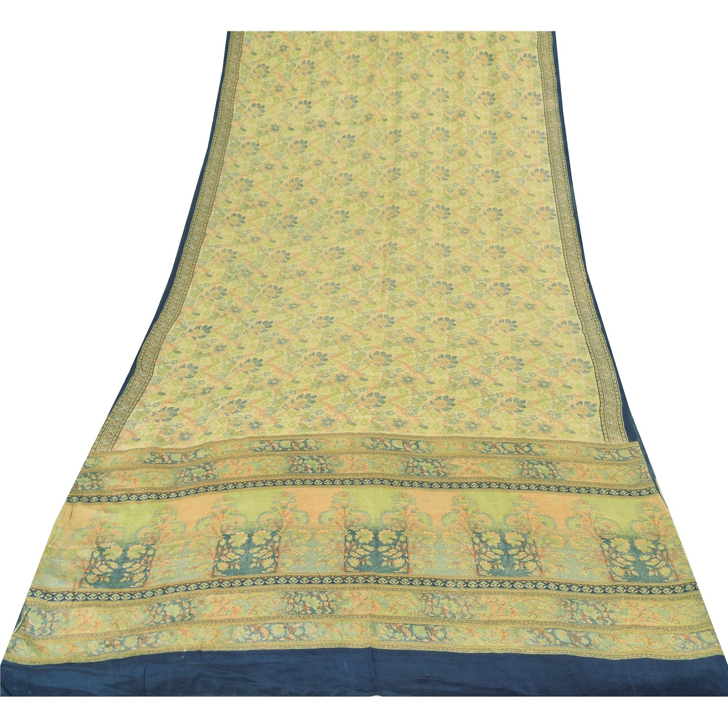 Sanskriti Vintage Sarees Light Green Pure Crepe Printed Sari 5+yd Craft Sustainable Fabric