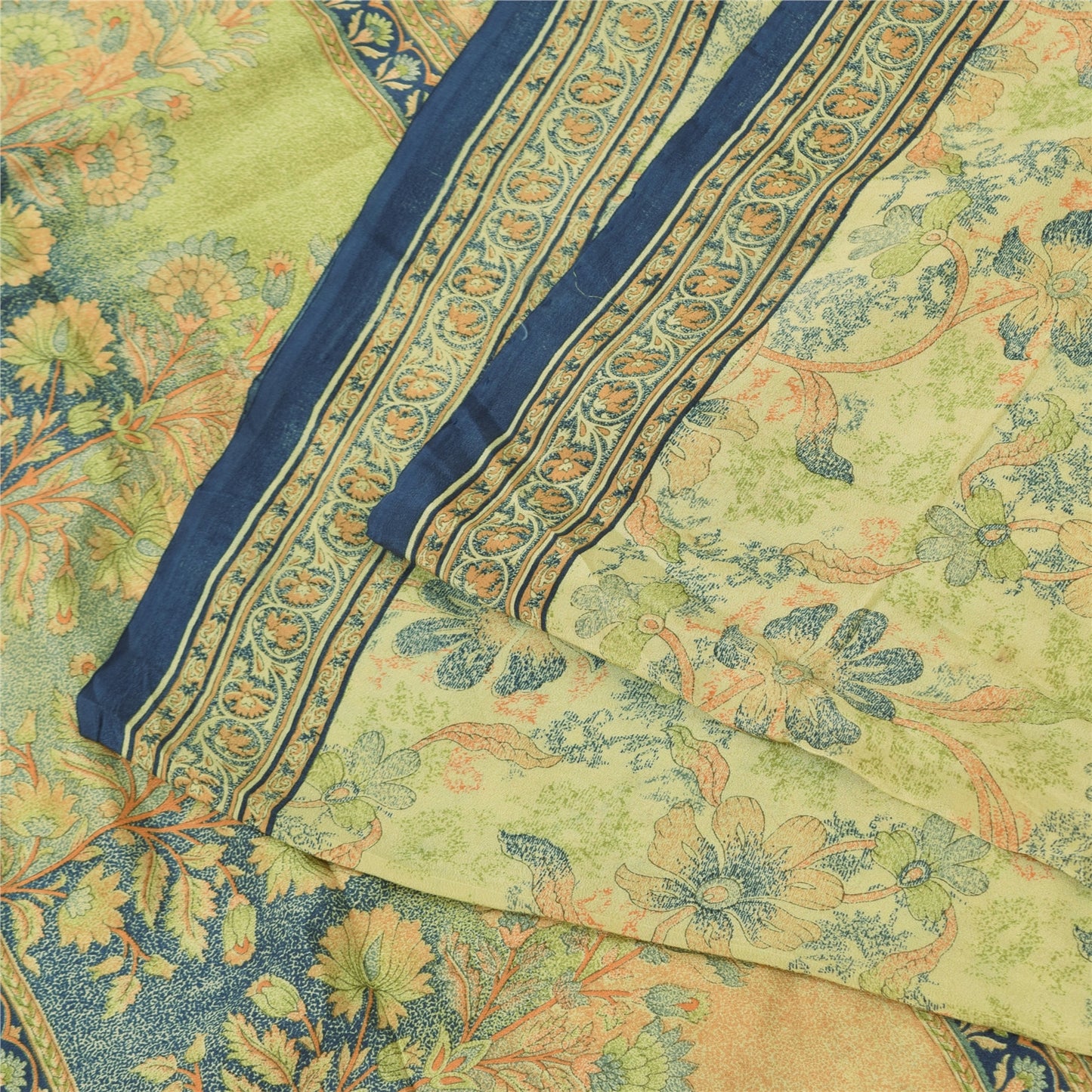 Sanskriti Vintage Sarees Light Green Pure Crepe Printed Sari 5+yd Craft Sustainable Fabric