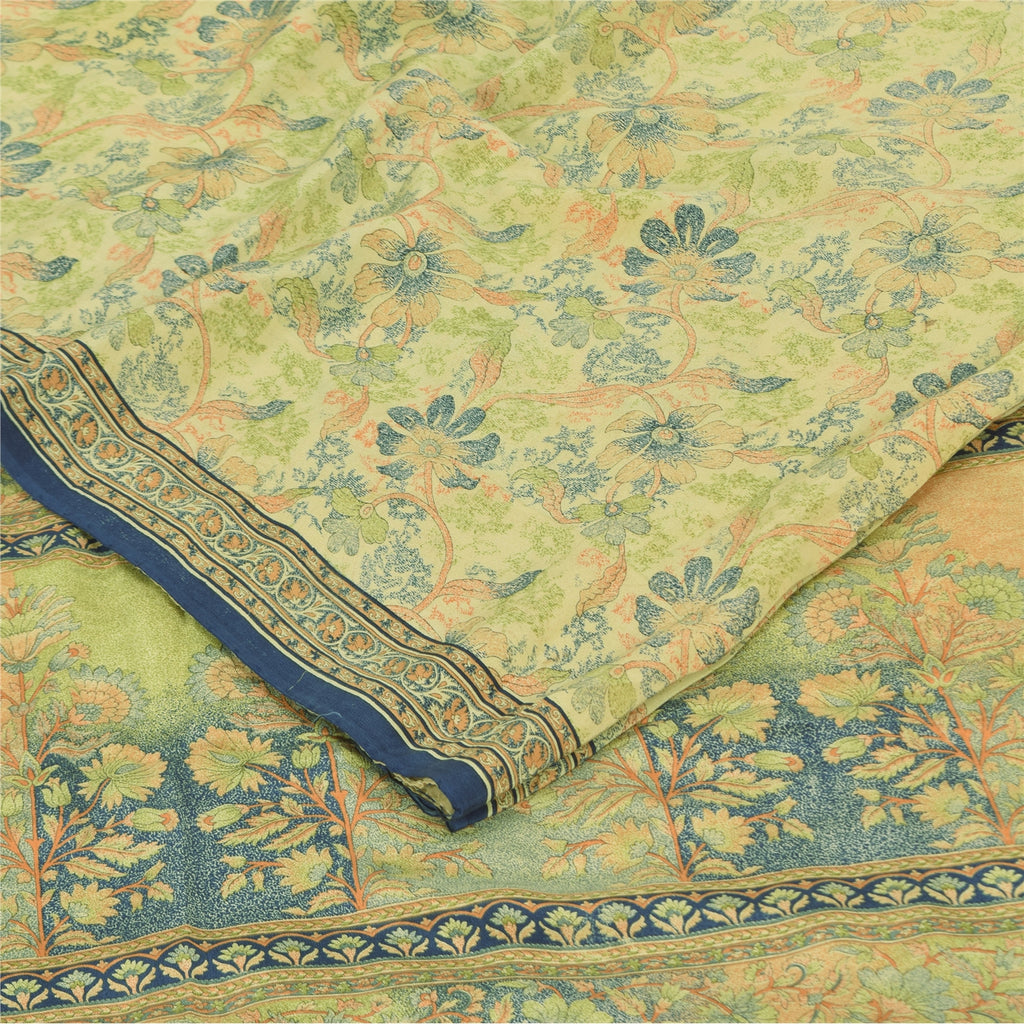 Sanskriti Vintage Sarees Light Green Pure Crepe Printed Sari 5+yd Craft Sustainable Fabric