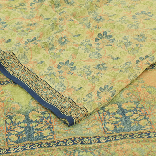 Sanskriti Vintage Sarees Light Green Pure Crepe Printed Sari 5+yd Craft Sustainable Fabric