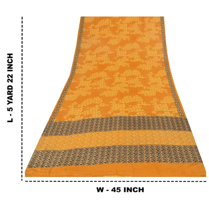 Sanskriti Vintage Sarees Yellow Pure Crepe Silk Printed Sari 5+yd Craft Sustainable Fabric