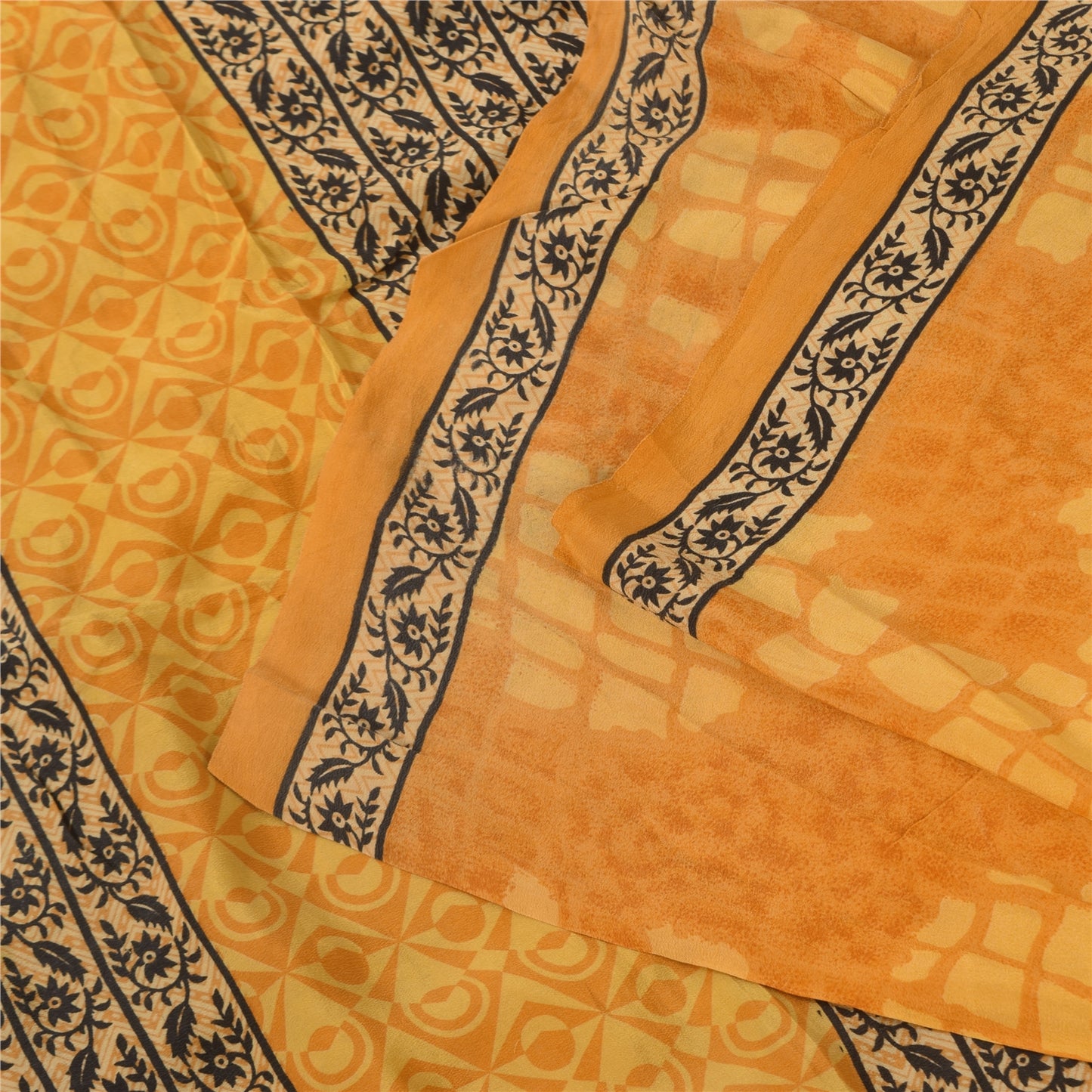 Sanskriti Vintage Sarees Yellow Pure Crepe Silk Printed Sari 5+yd Craft Sustainable Fabric