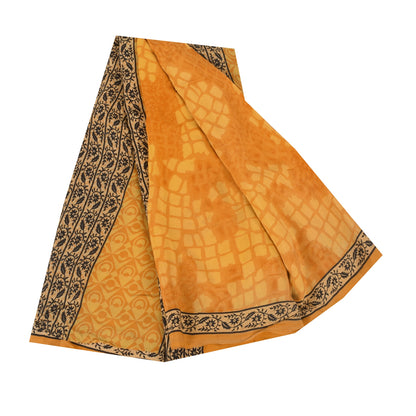 Sanskriti Vintage Sarees Yellow Pure Crepe Silk Printed Sari 5+yd Craft Sustainable Fabric
