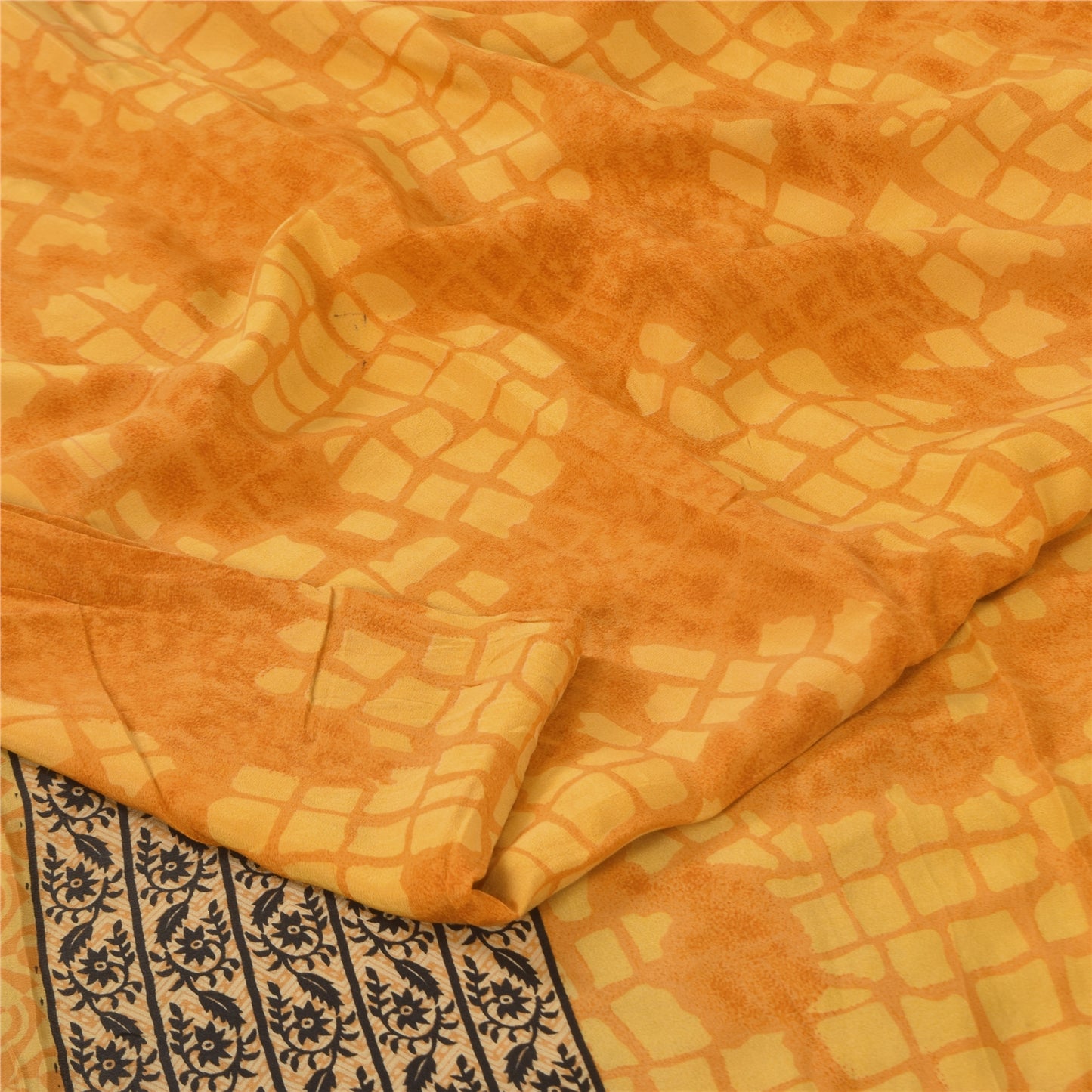 Sanskriti Vintage Sarees Yellow Pure Crepe Silk Printed Sari 5+yd Craft Sustainable Fabric