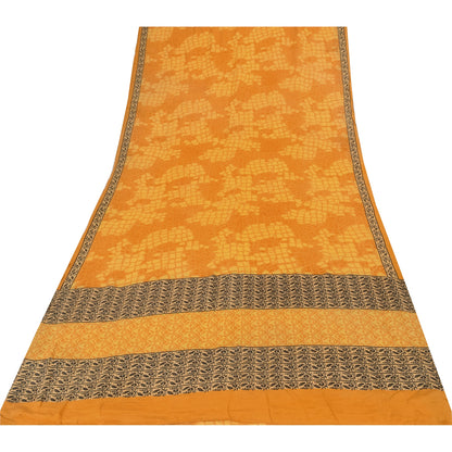 Sanskriti Vintage Sarees Yellow Pure Crepe Silk Printed Sari 5+yd Craft Sustainable Fabric