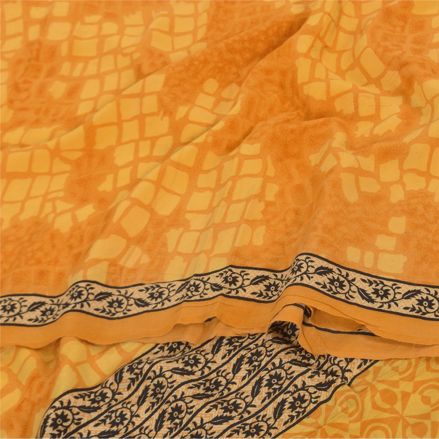 Sanskriti Vintage Sarees Yellow Pure Crepe Silk Printed Sari 5+yd Craft Sustainable Fabric