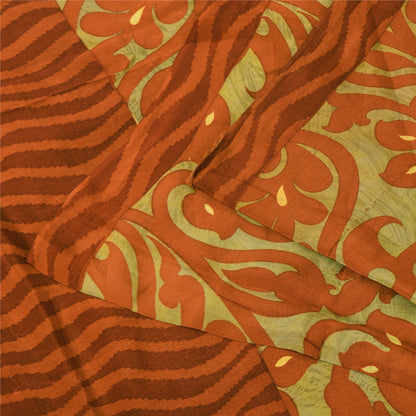Sanskriti Vintage Sarier Grøn/Orange Ren Crepe Trykt Sari 5+ yard Håndværk Bæredygtigt Stoff