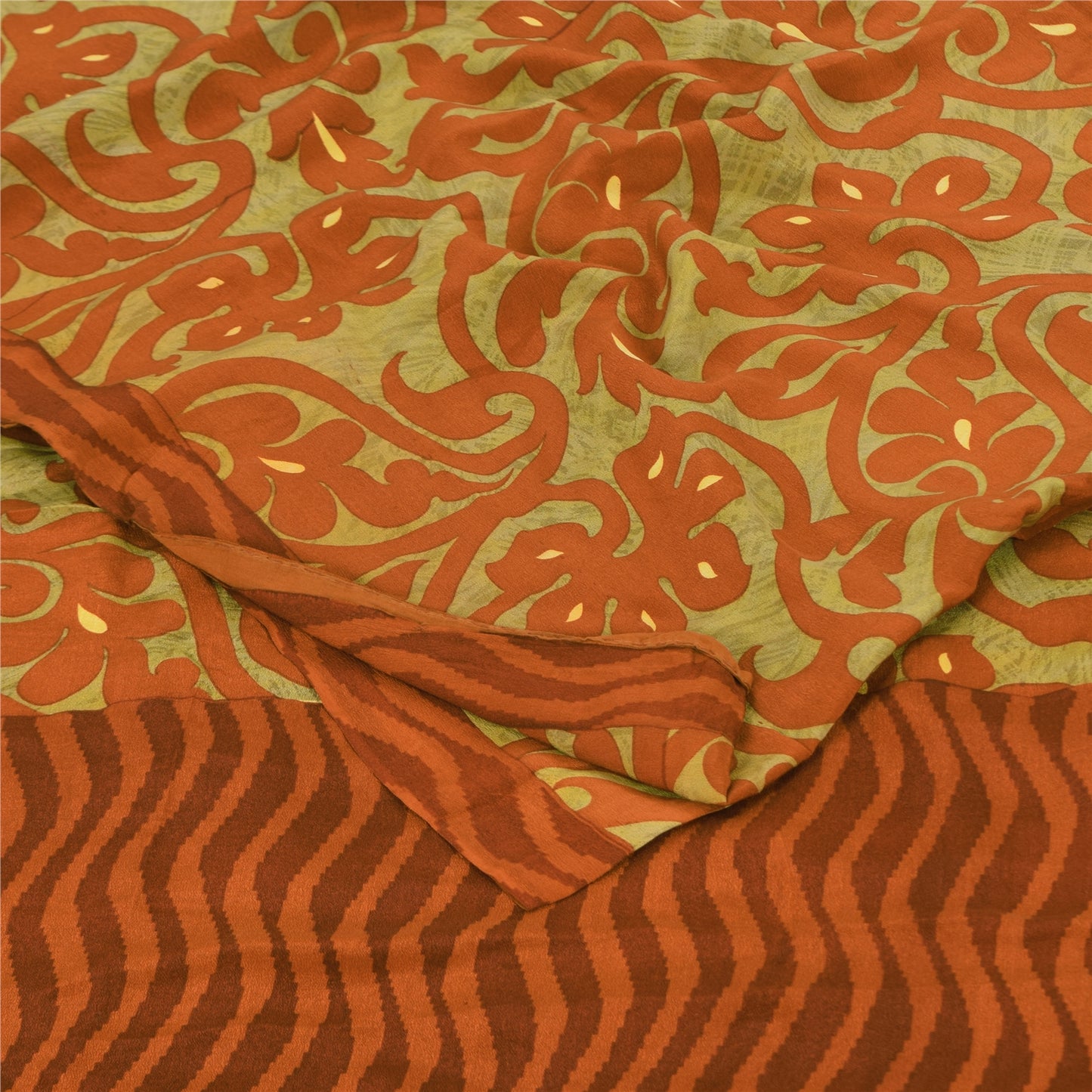 Sanskriti Vintage Sarier Grøn/Orange Ren Crepe Trykt Sari 5+ yard Håndværk Bæredygtigt Stoff