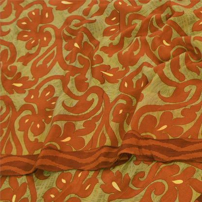 Sanskriti Vintage Sarier Grøn/Orange Ren Crepe Trykt Sari 5+ yard Håndværk Bæredygtigt Stoff