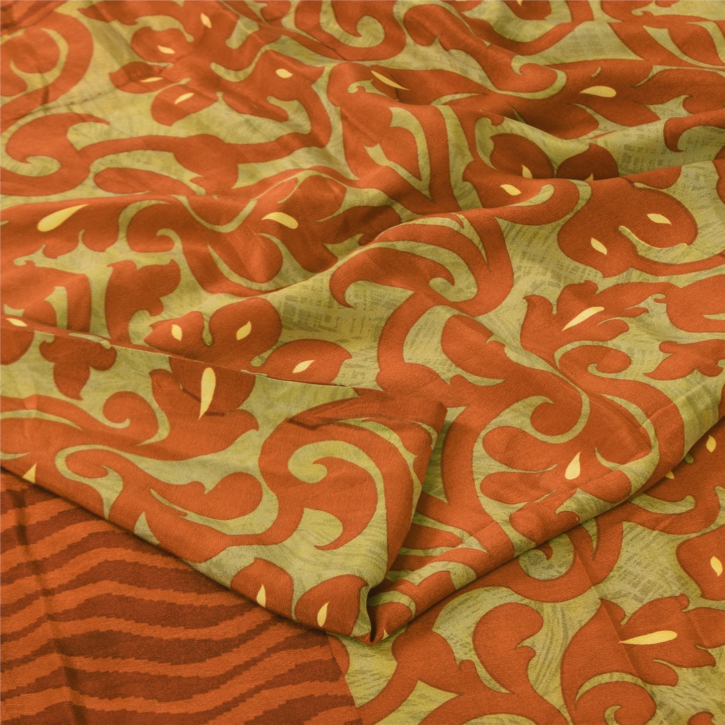 Sanskriti Vintage Sarier Grøn/Orange Ren Crepe Trykt Sari 5+ yard Håndværk Bæredygtigt Stoff