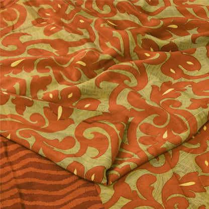 Sanskriti Vintage Sarier Grøn/Orange Ren Crepe Trykt Sari 5+ yard Håndværk Bæredygtigt Stoff