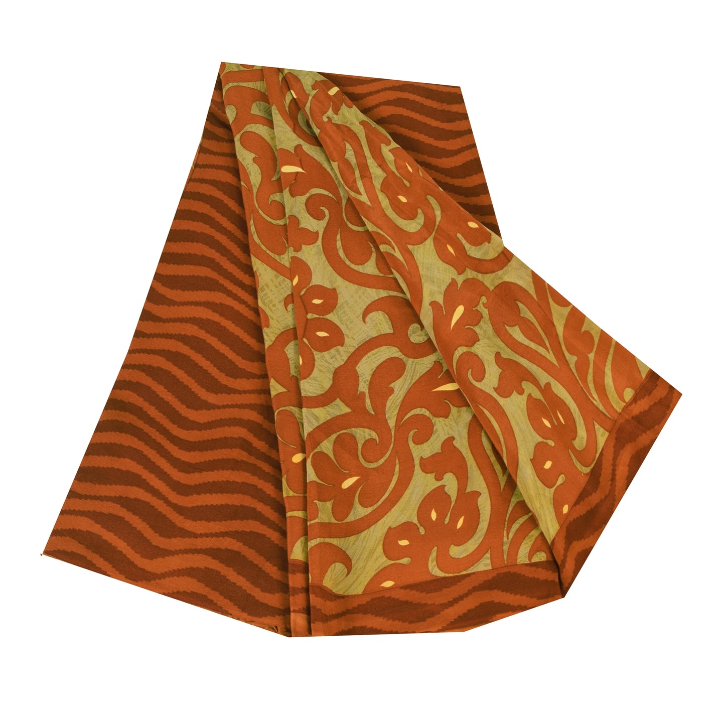 Sanskriti Vintage Sarier Grøn/Orange Ren Crepe Trykt Sari 5+ yard Håndværk Bæredygtigt Stoff