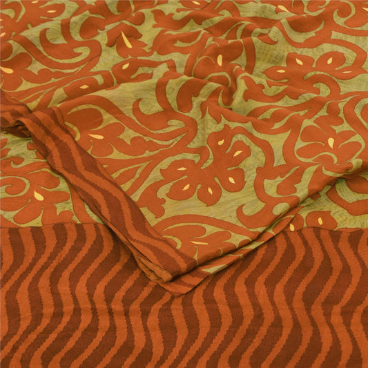 Sanskriti Vintage Sarees Green/Orange Pure Crepe Printed Sari 5+yd Craft Sustainable Fabric