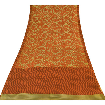 Sanskriti Vintage Sarier Grøn/Orange Ren Crepe Trykt Sari 5+ yard Håndværk Bæredygtigt Stoff