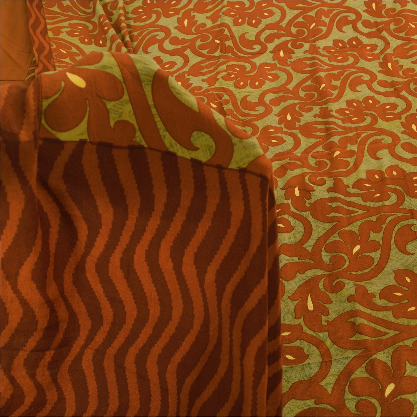 Sanskriti Vintage Sarier Grøn/Orange Ren Crepe Trykt Sari 5+ yard Håndværk Bæredygtigt Stoff