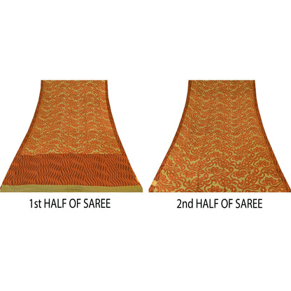 Sanskriti Vintage Sarier Grøn/Orange Ren Crepe Trykt Sari 5+ yard Håndværk Bæredygtigt Stoff