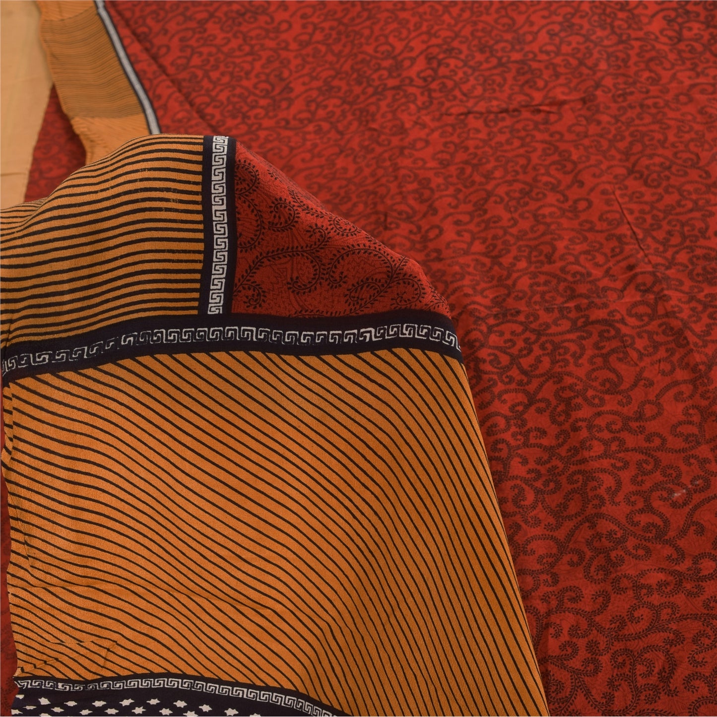 Sanskriti Vintage Sarier Røde 100% Ren Crepe Silke Trykt Sari 5+ yard Håndværk Bæredygtigt Stoff