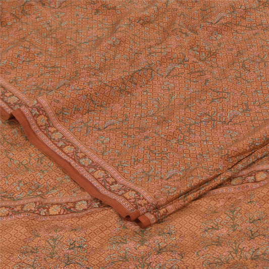 Sanskriti Vintage Sarees Rusty Orange Pure Crepe Printed Sari 5+yd Craft Sustainable Fabric