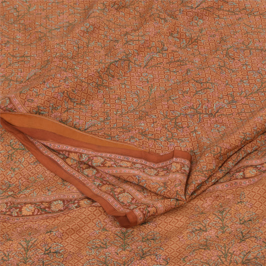 Sanskriti Vintage Sarees Rusty Orange Pure Crepe Printed Sari 5+yd Craft Sustainable Fabric