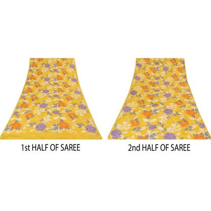 Sanskriti Vintage Sarees Yellow Pure Crepe Silk Printed Sari 5+yd Craft Sustainable Fabric