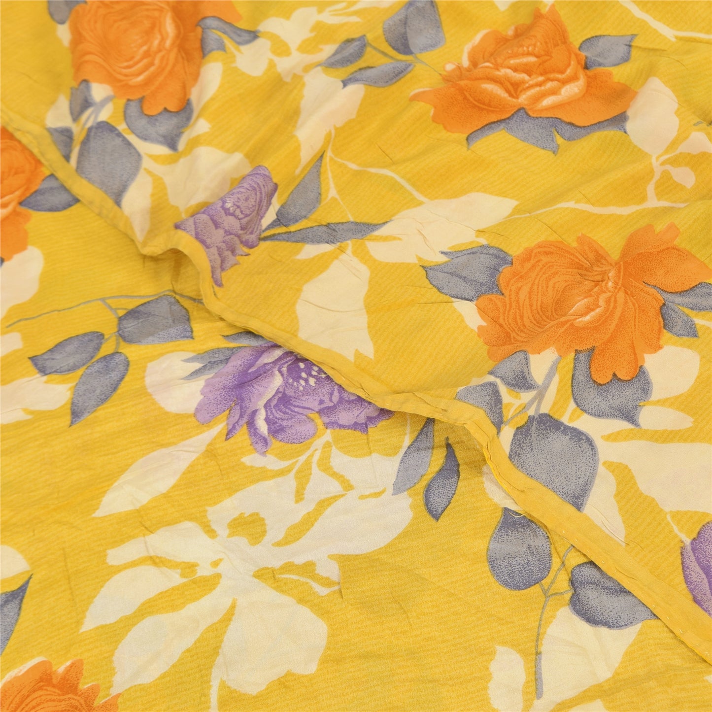 Sanskriti Vintage Sarees Yellow Pure Crepe Silk Printed Sari 5+yd Craft Sustainable Fabric