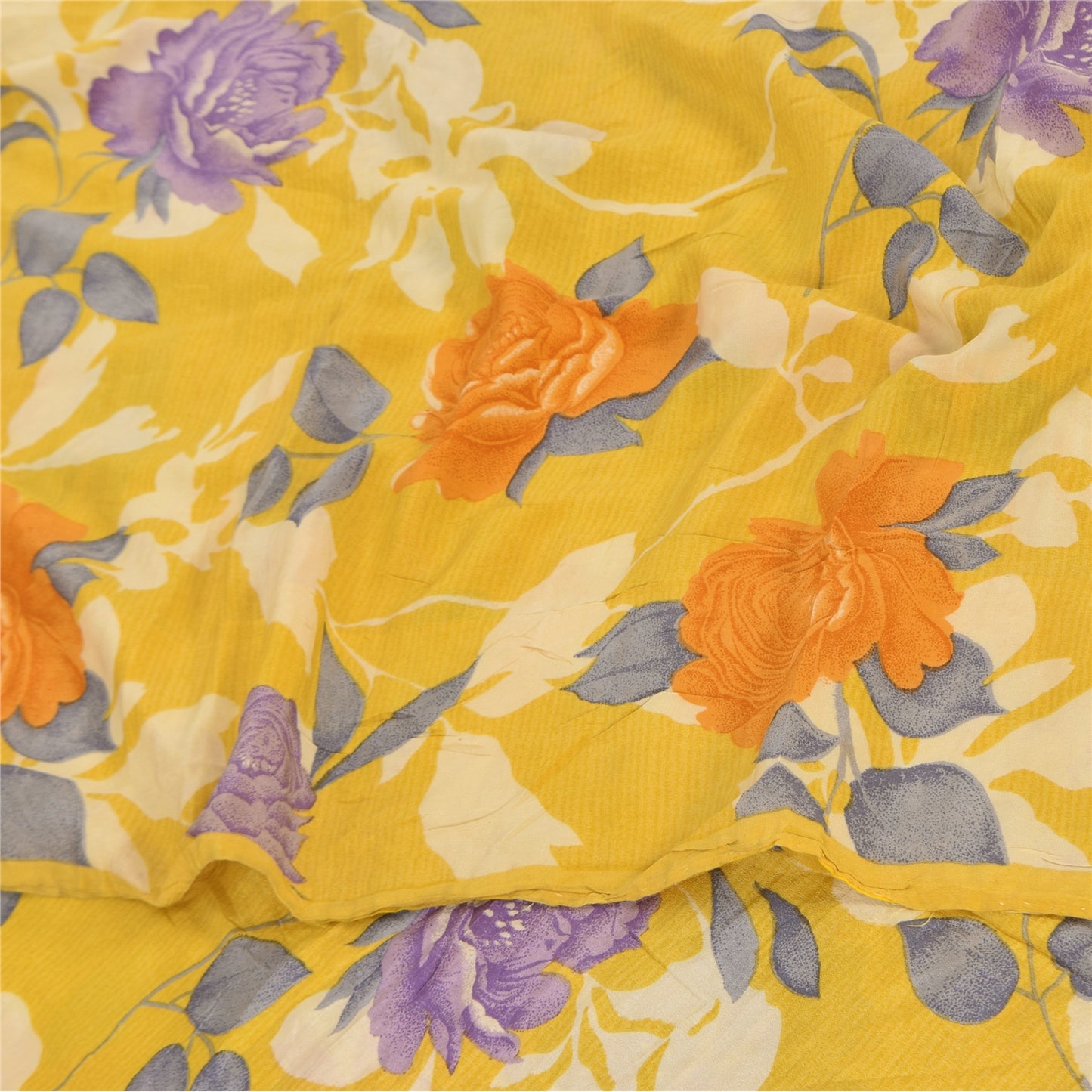 Sanskriti Vintage Sarees Yellow Pure Crepe Silk Printed Sari 5+yd Craft Sustainable Fabric