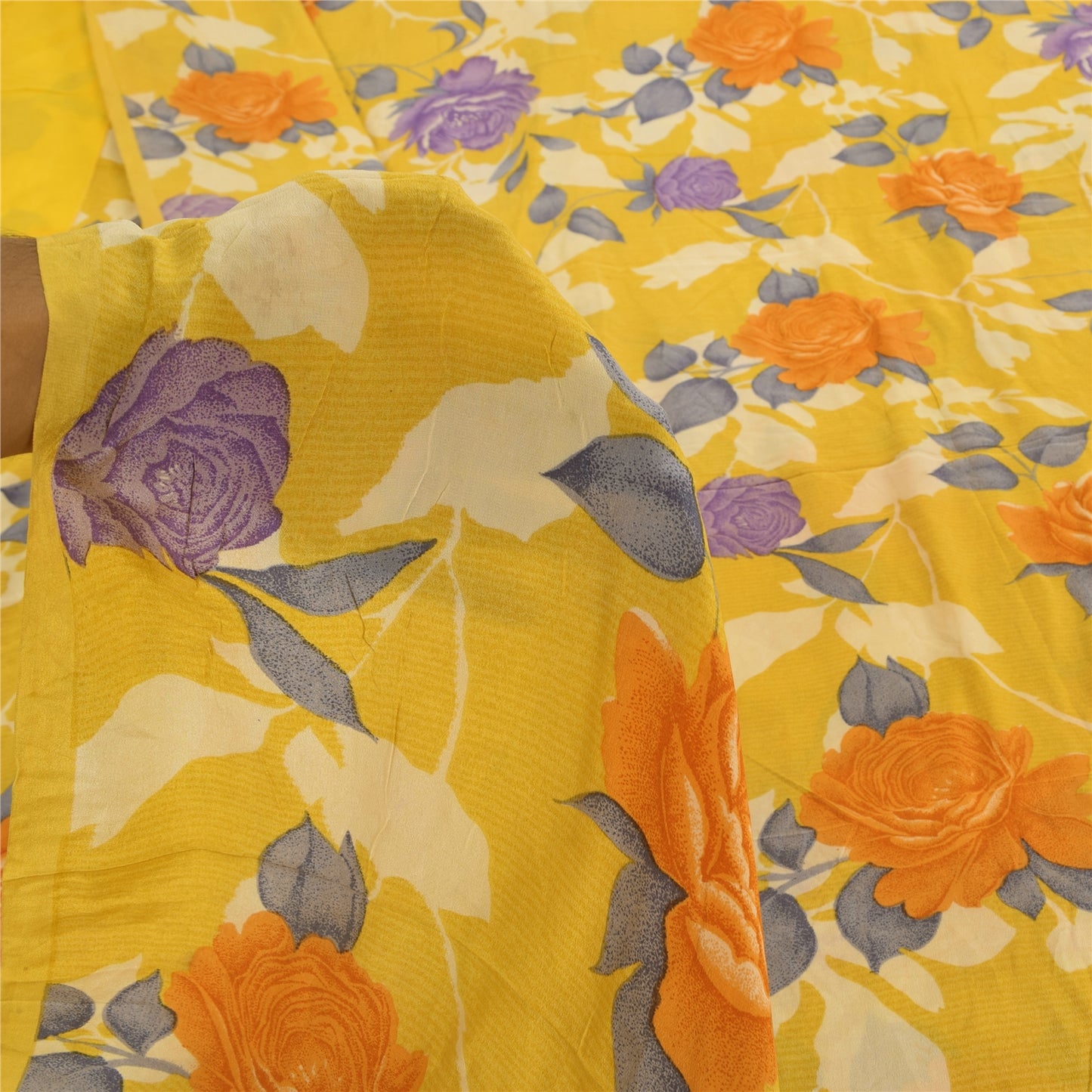 Sanskriti Vintage Sarees Yellow Pure Crepe Silk Printed Sari 5+yd Craft Sustainable Fabric