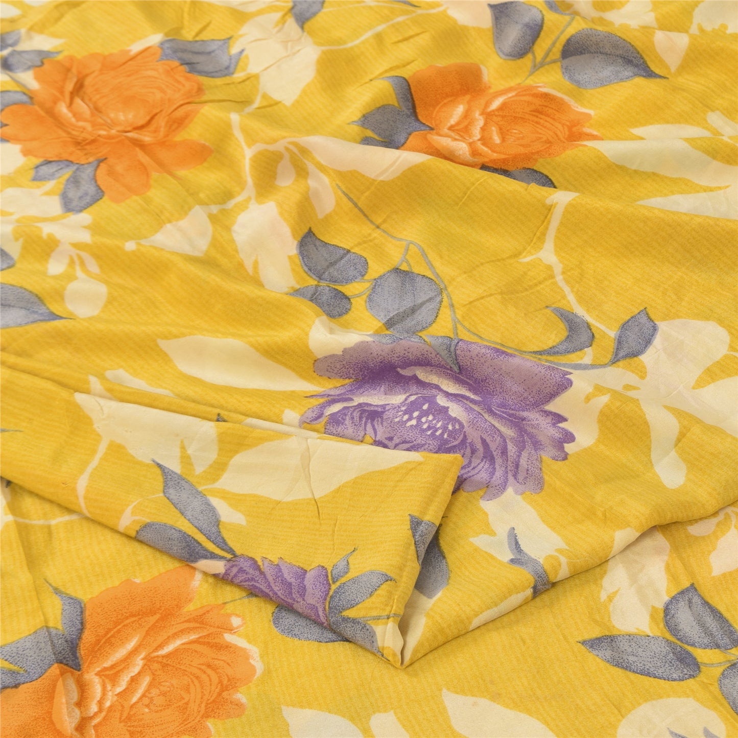 Sanskriti Vintage Sarees Yellow Pure Crepe Silk Printed Sari 5+yd Craft Sustainable Fabric