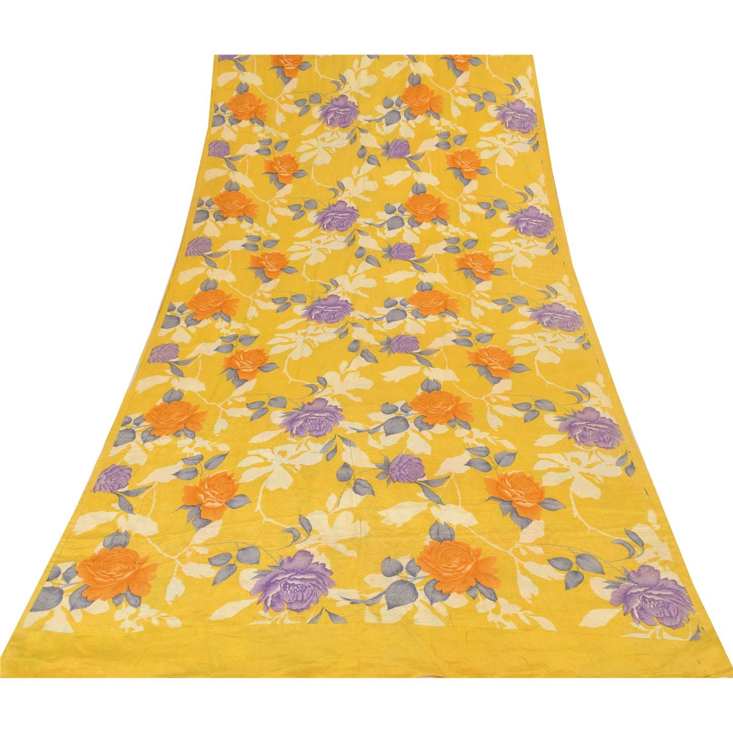 Sanskriti Vintage Sarees Yellow Pure Crepe Silk Printed Sari 5+yd Craft Sustainable Fabric