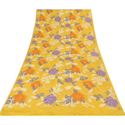 Sanskriti Vintage Sarees Yellow Pure Crepe Silk Printed Sari 5+yd Craft Sustainable Fabric